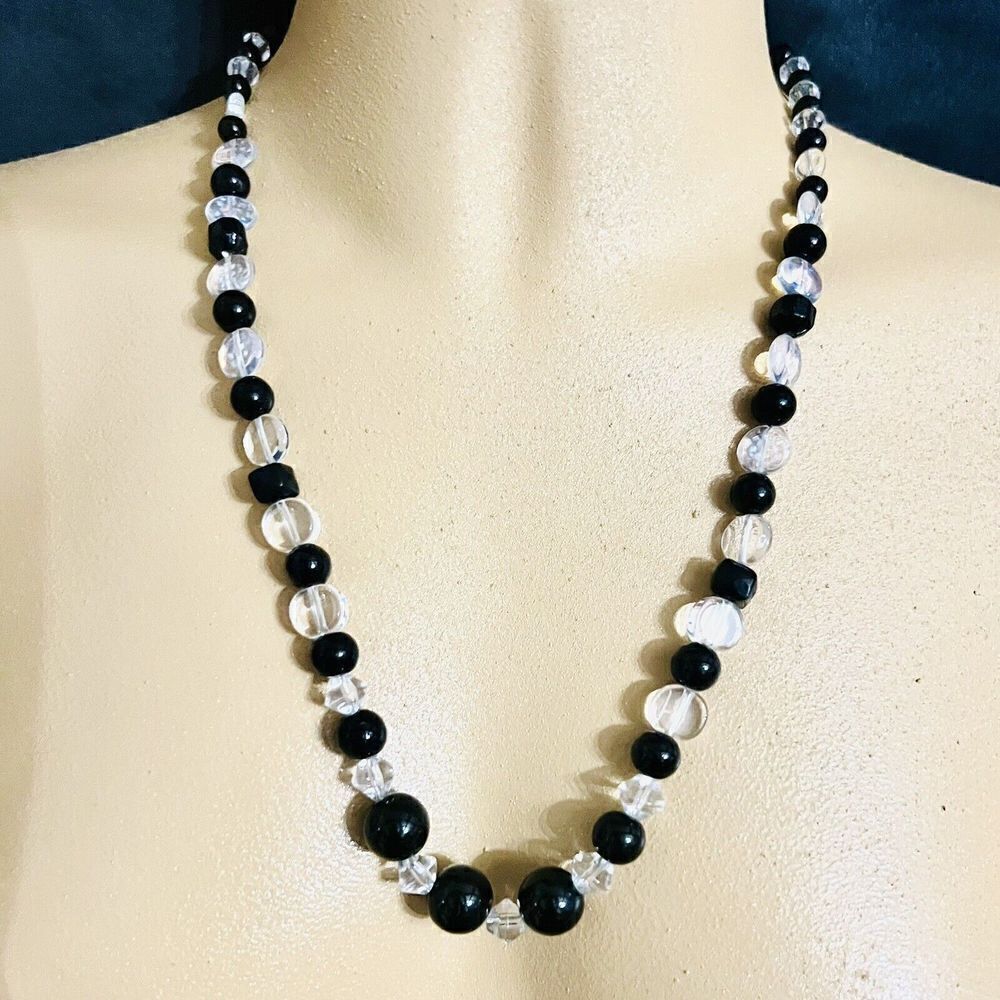 Vintage Clear Black Beads Beaded Necklace Confetti Flat Beads Barrel Clasp  4166
